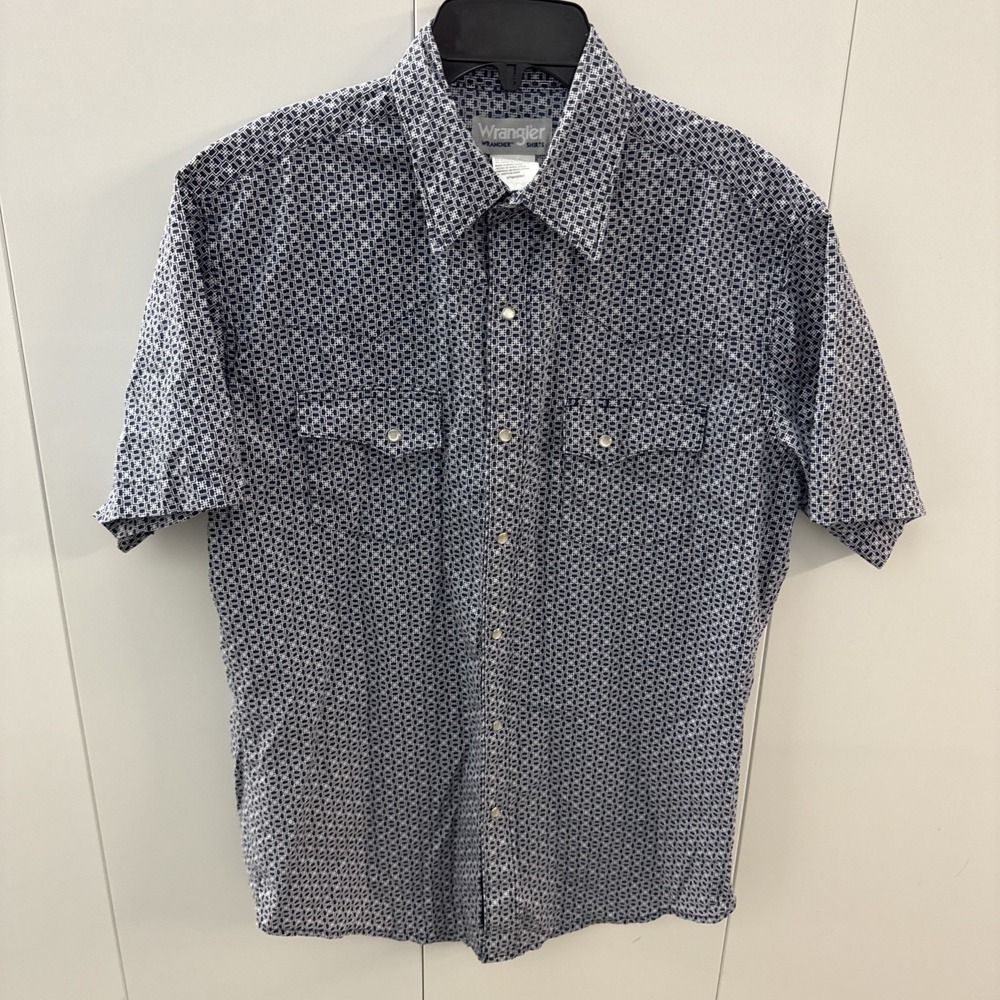 Wrangler Wrancher Men's Medium Short Sleeve Pearl Snap Blue Check Geometric